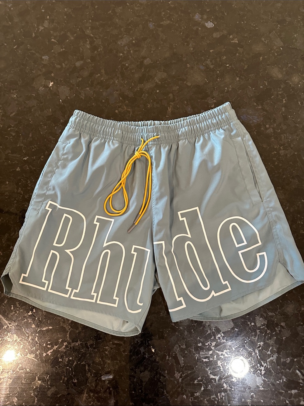 Rhude Sage Green Swim Shorts with Yellow Drawstring